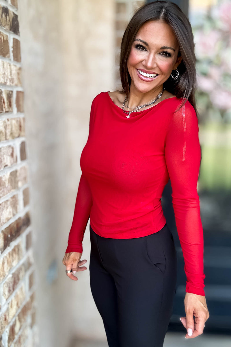 Long Sleeve Red Boat Neck Double Layer Mesh Top