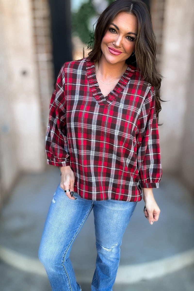 Plaid Print 3/4 Bubble Sleeves Top