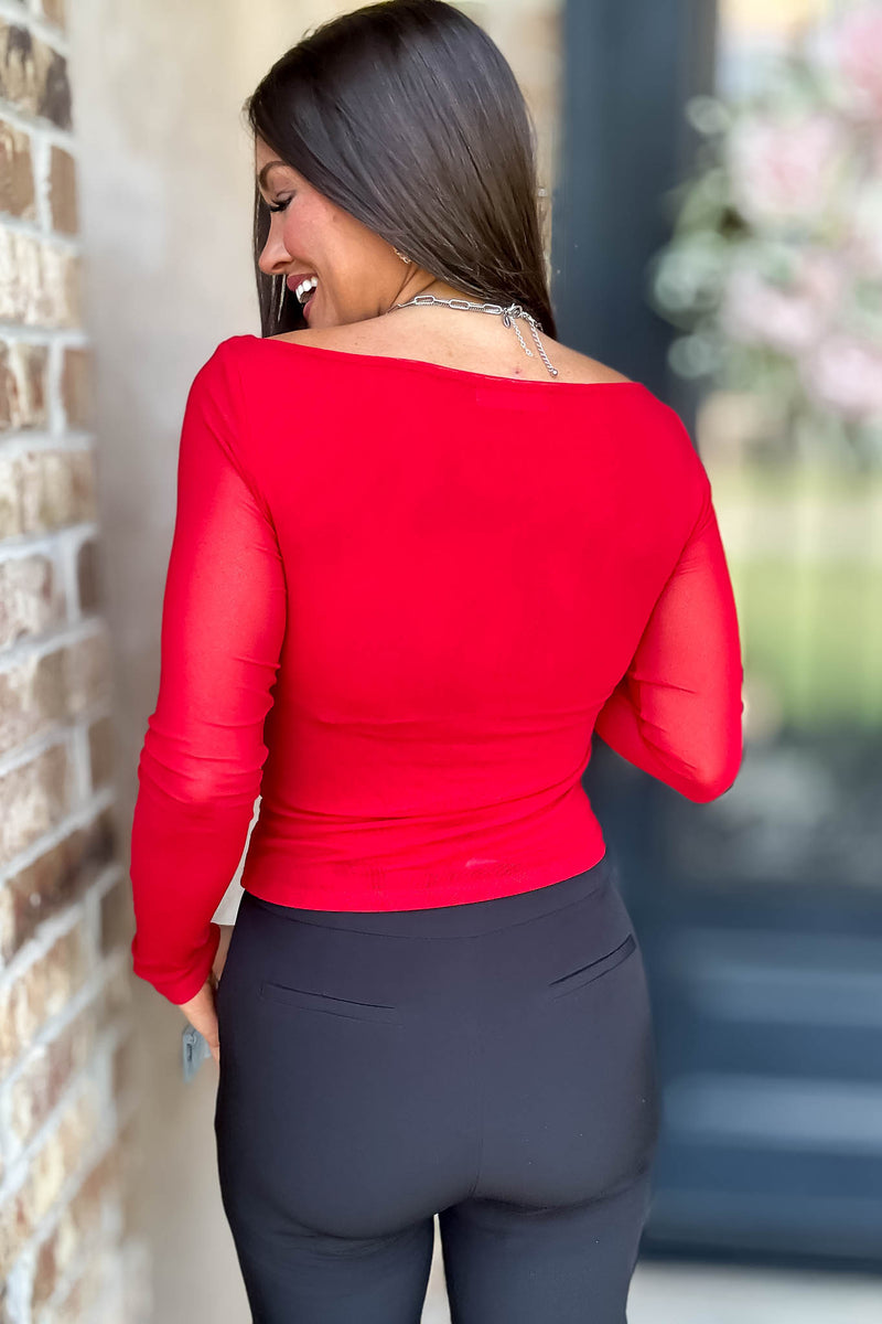 Long Sleeve Red Boat Neck Double Layer Mesh Top