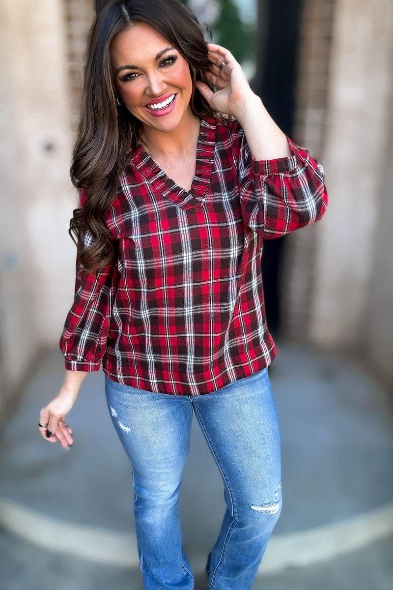 Plaid Print 3/4 Bubble Sleeves Top