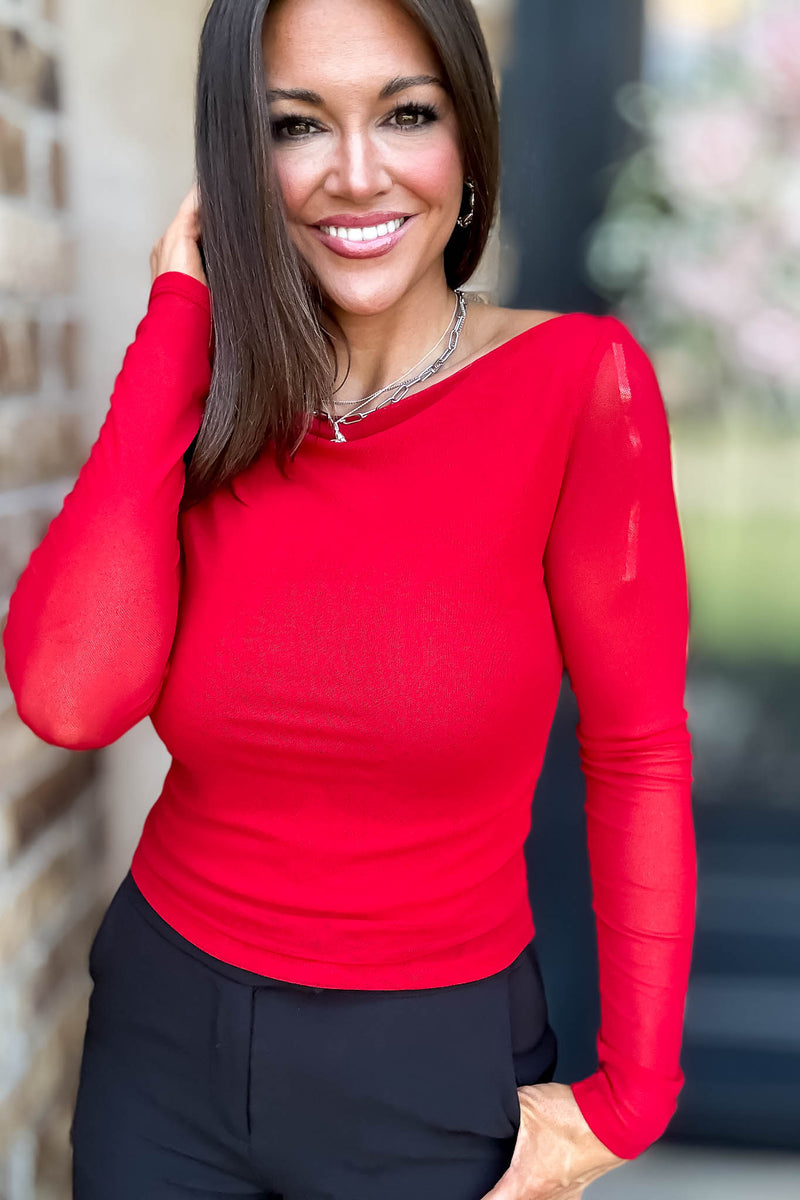 Long Sleeve Red Boat Neck Double Layer Mesh Top