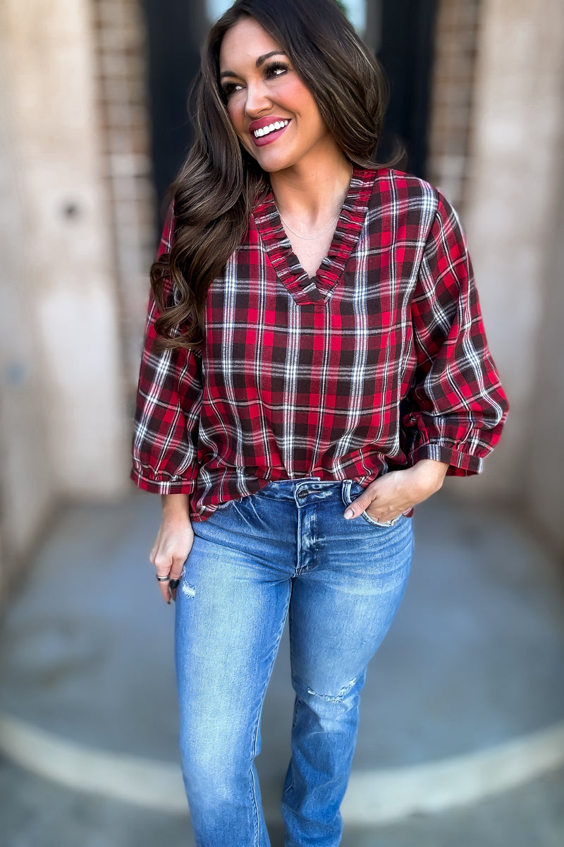 Plaid Print 3/4 Bubble Sleeves Top