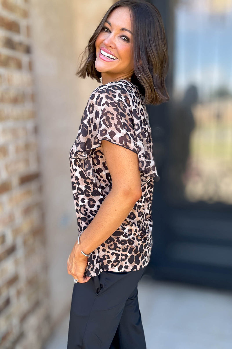 Animal Print Mix Media Flutter Half Placket Blouse