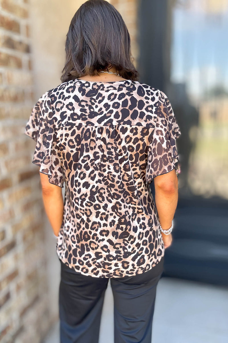 Animal Print Mix Media Flutter Half Placket Blouse
