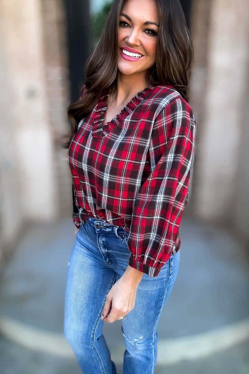 Plaid Print 3/4 Bubble Sleeves Top