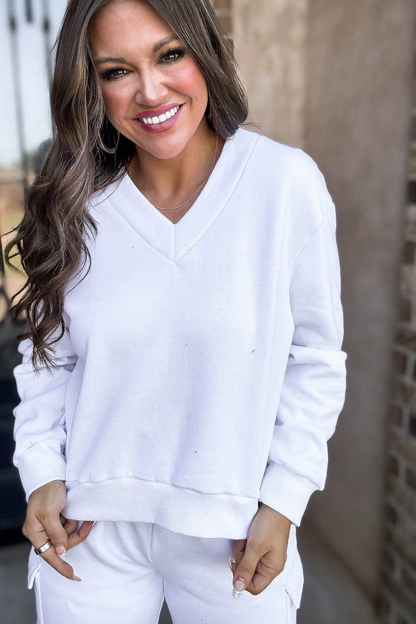 Level Up White V Neck Sweatshirt