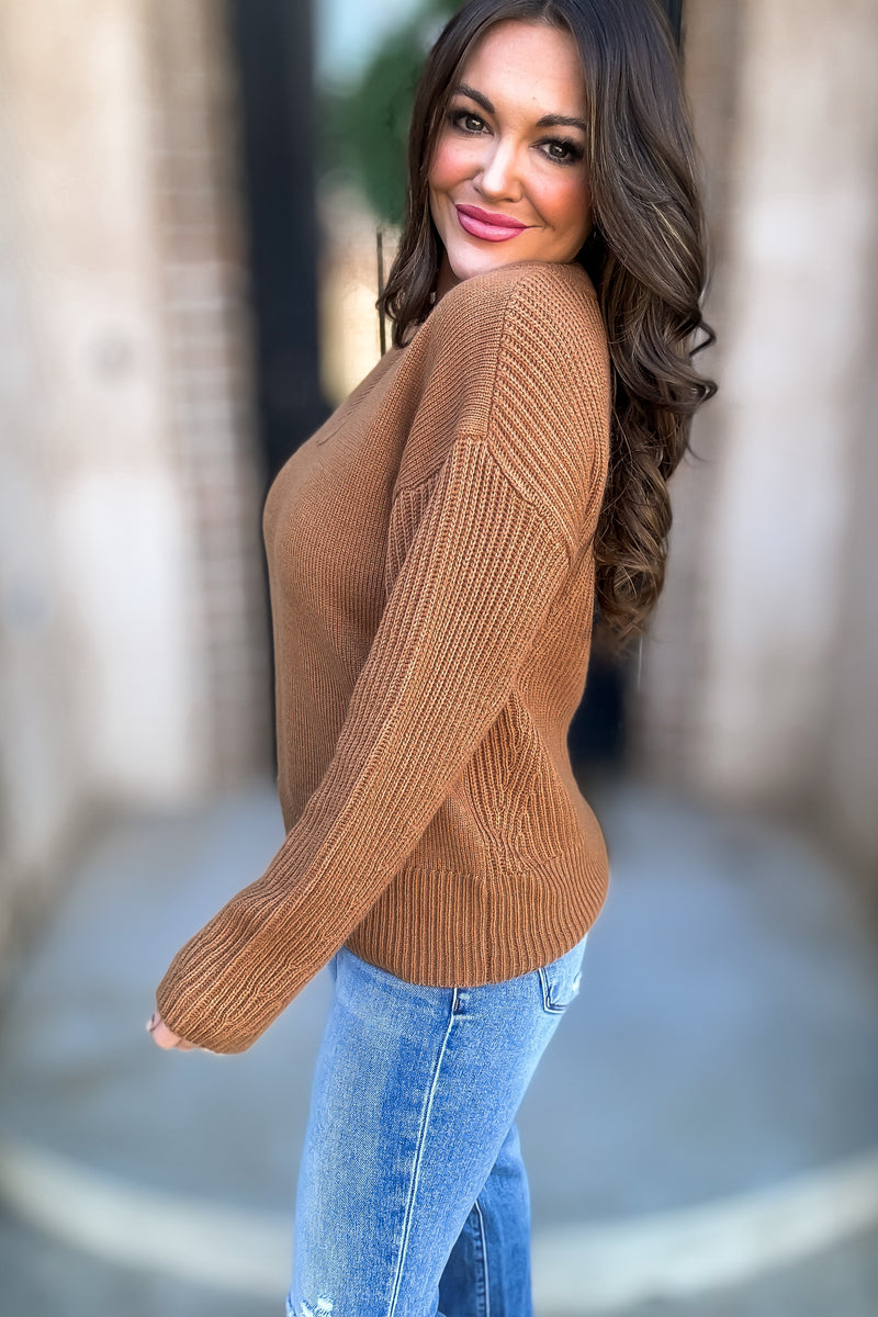 Per Usual Toffee Back & Sleeves Textured Knit Sweater Top