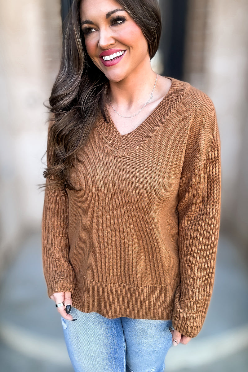 Per Usual Toffee Back & Sleeves Textured Knit Sweater Top