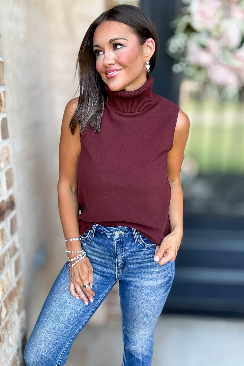 Rewrite Your Story Crimson Ribbed Mock Neck Sleeveless Top