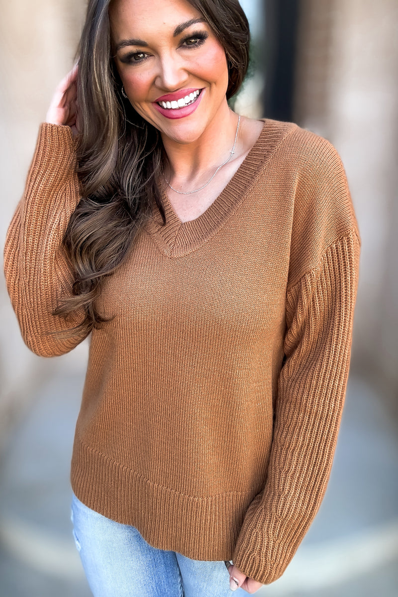 Per Usual Toffee Back & Sleeves Textured Knit Sweater Top