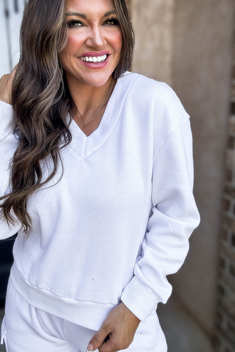 Level Up White V Neck Sweatshirt