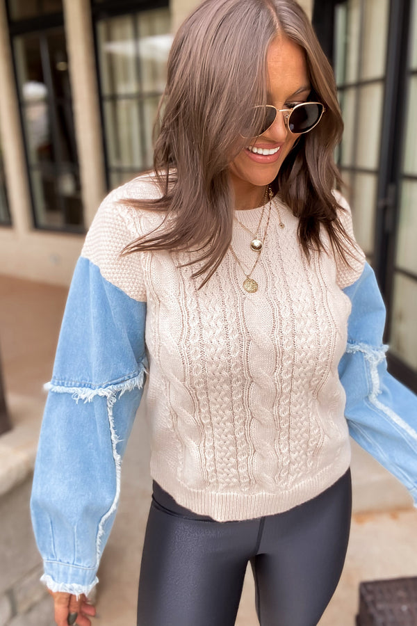 Cable Knit Sweater Chambray Frayed Top