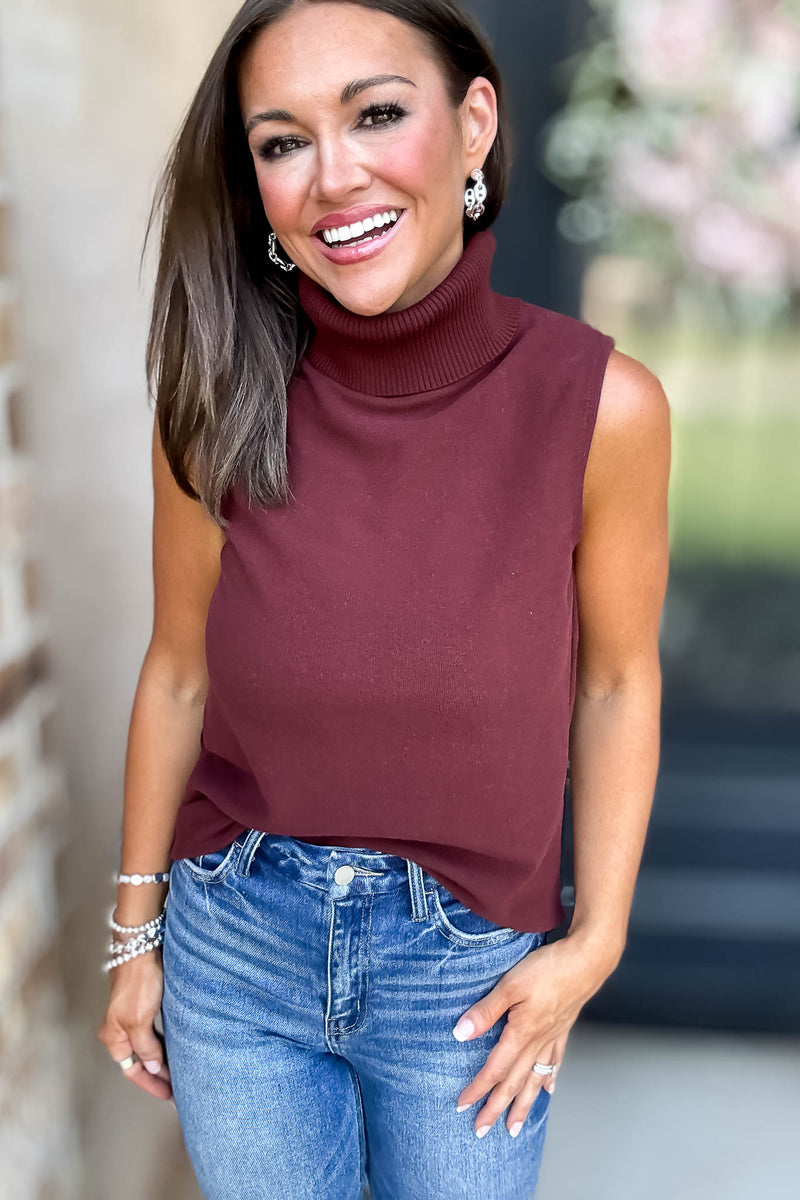 Rewrite Your Story Crimson Ribbed Mock Neck Sleeveless Top