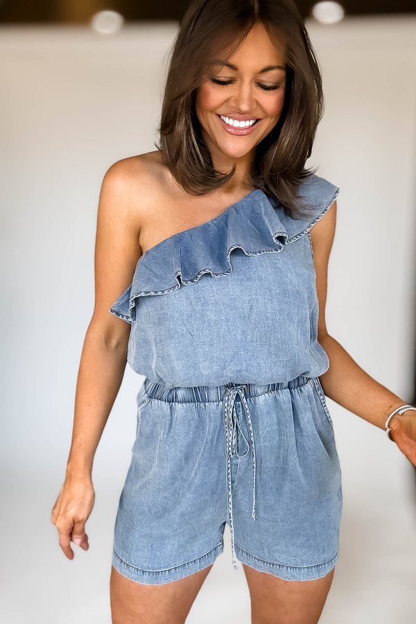 Denim One Shoulder Romper