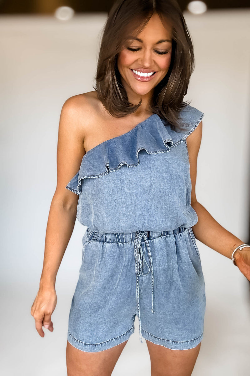 Denim One Shoulder Romper