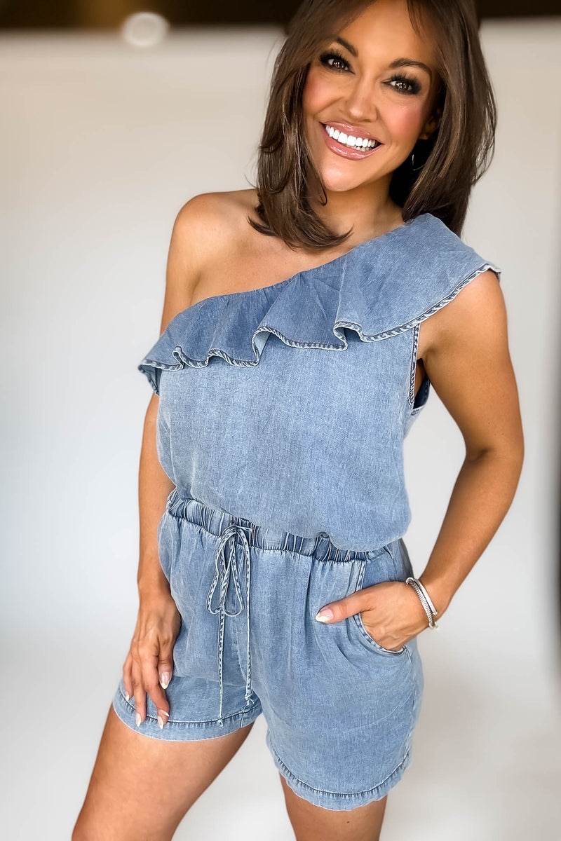Denim One Shoulder Romper