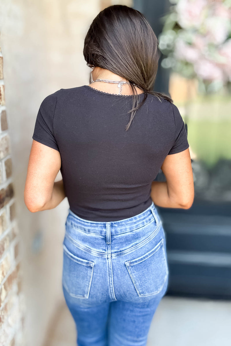 Square Neck Black Lace Trim Neck Short Sleeve Bodysuit