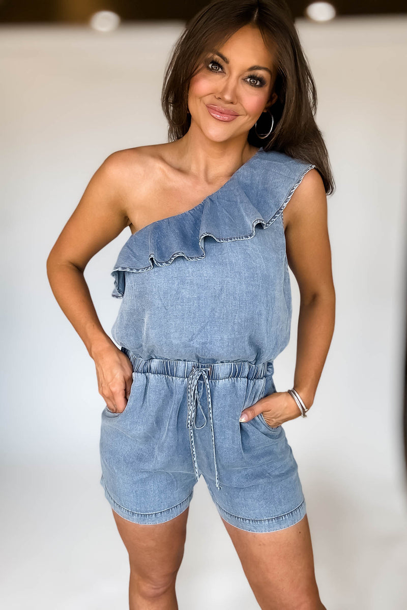 Denim One Shoulder Romper