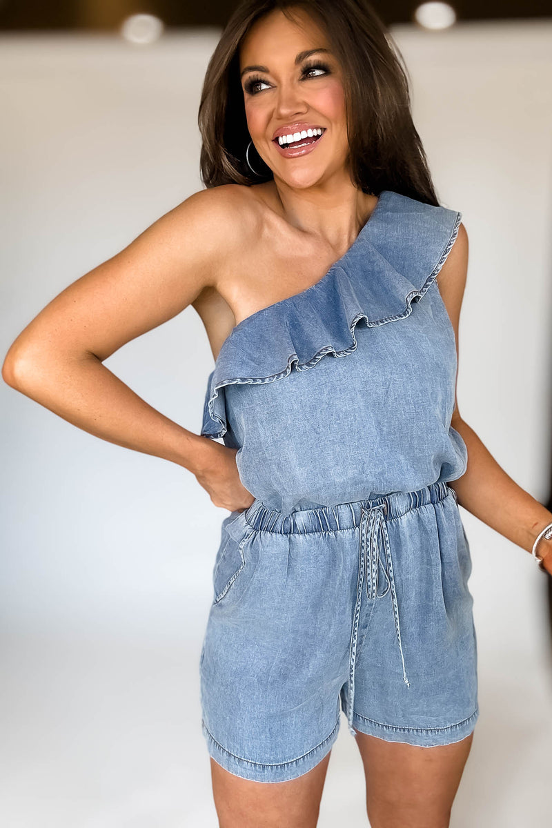 Denim One Shoulder Romper