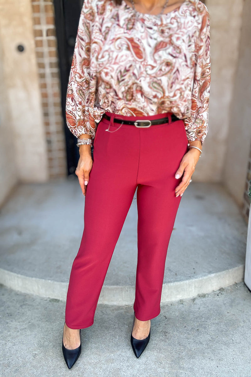 Red Lipstick Stretchy Scuba Belted Side Pocket Straight Pants