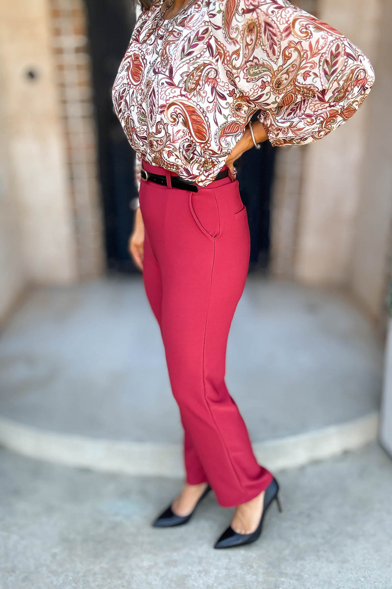 Red Lipstick Stretchy Scuba Belted Side Pocket Straight Pants