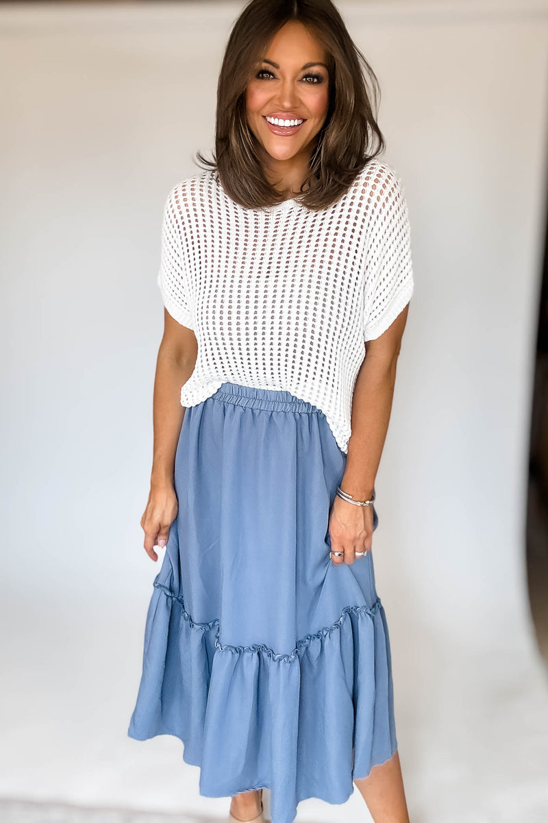 Chambray Ruffle Bottom Midi Skirt
