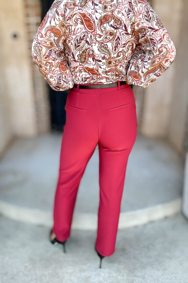 Red Lipstick Stretchy Scuba Belted Side Pocket Straight Pants