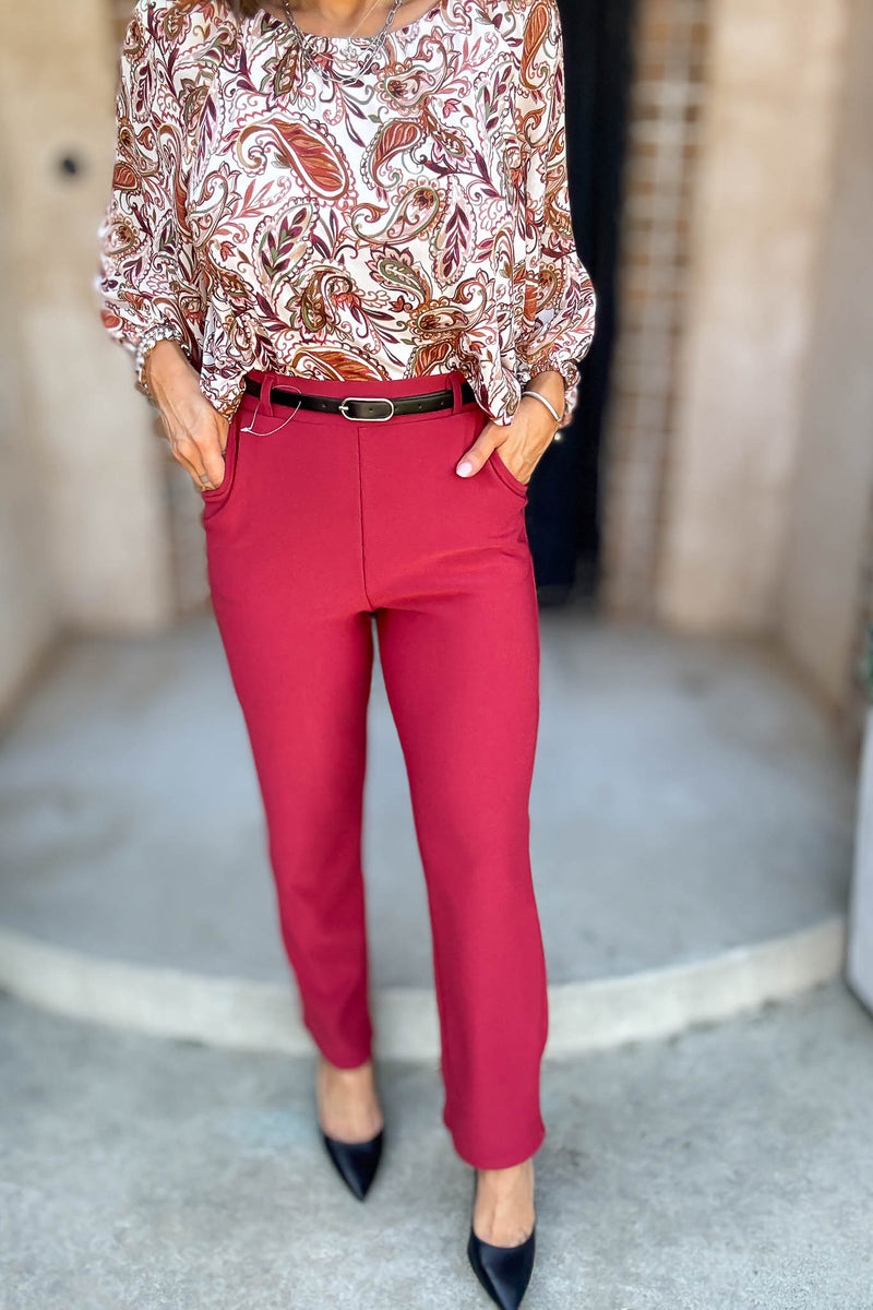 Red Lipstick Stretchy Scuba Belted Side Pocket Straight Pants