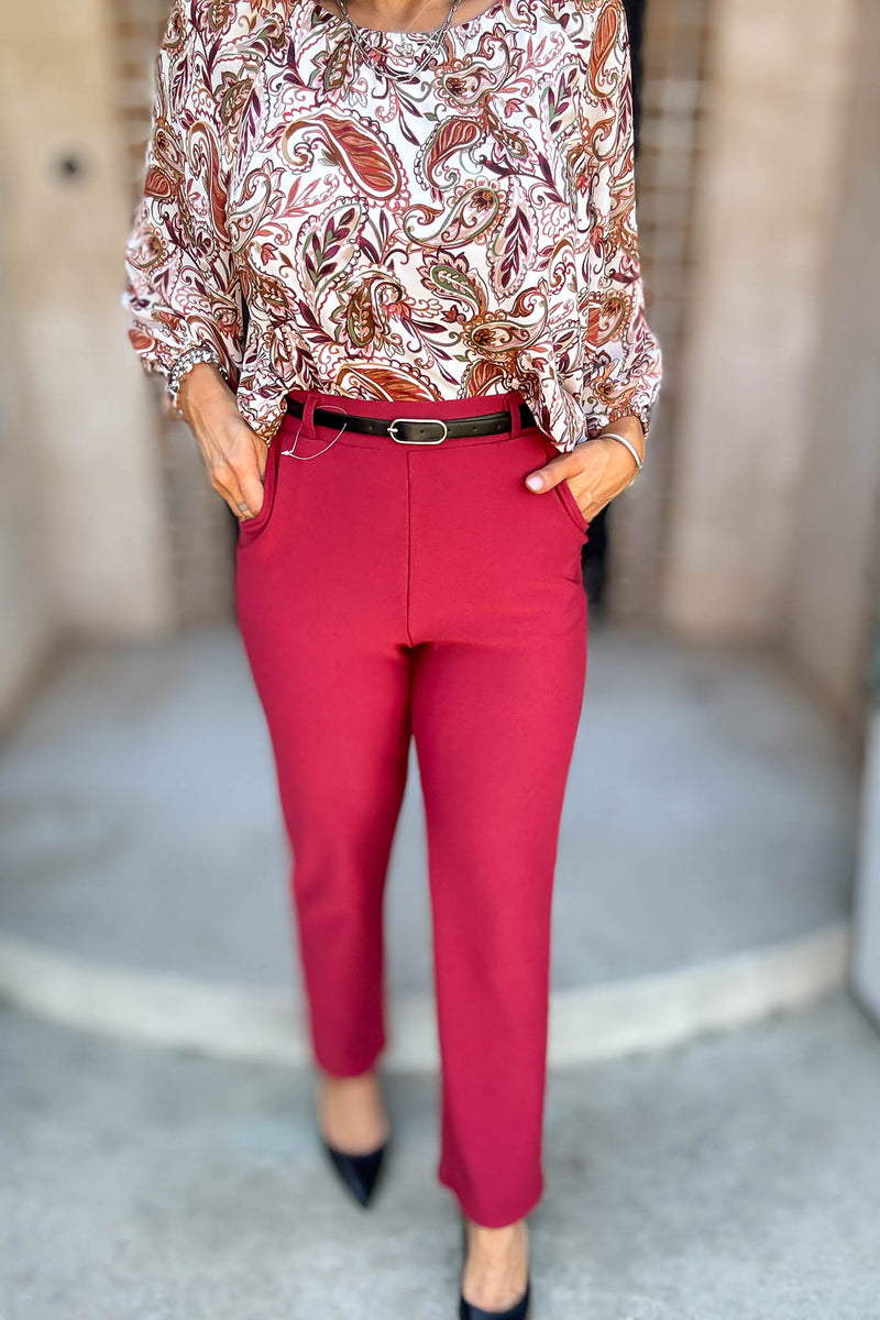 Red Lipstick Stretchy Scuba Belted Side Pocket Straight Pants