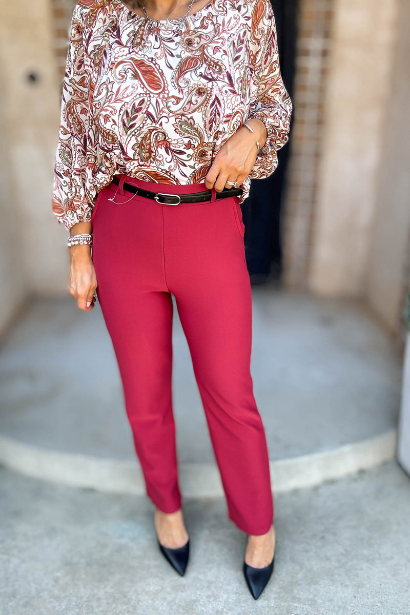 Red Lipstick Stretchy Scuba Belted Side Pocket Straight Pants