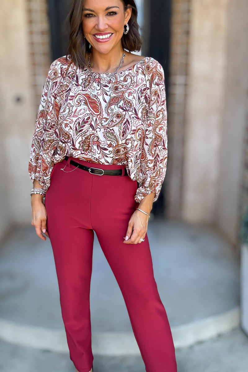 Red Lipstick Stretchy Scuba Belted Side Pocket Straight Pants