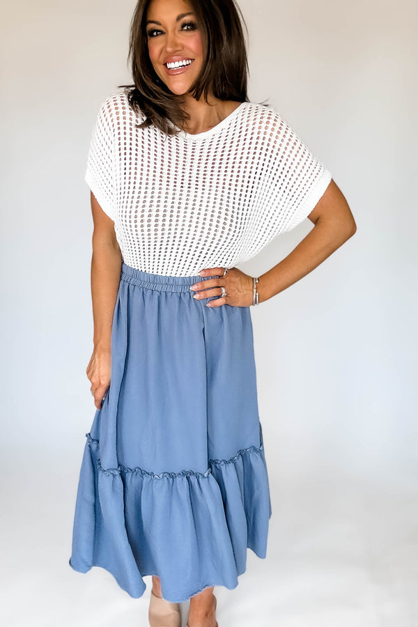 Chambray Ruffle Bottom Midi Skirt