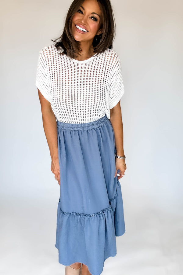 Chambray Ruffle Bottom Midi Skirt