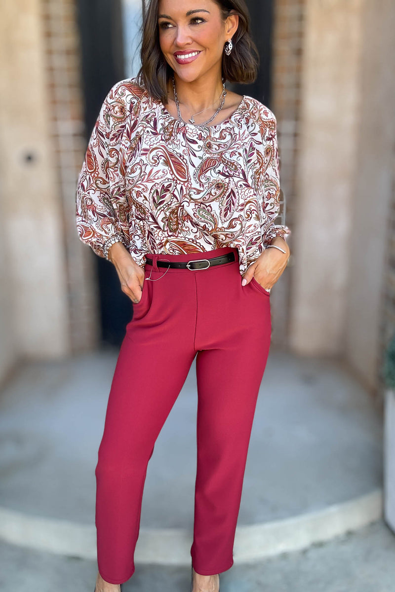 Red Lipstick Stretchy Scuba Belted Side Pocket Straight Pants