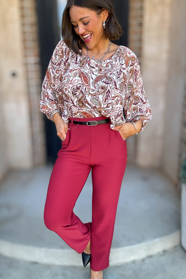 Red Lipstick Stretchy Scuba Belted Side Pocket Straight Pants
