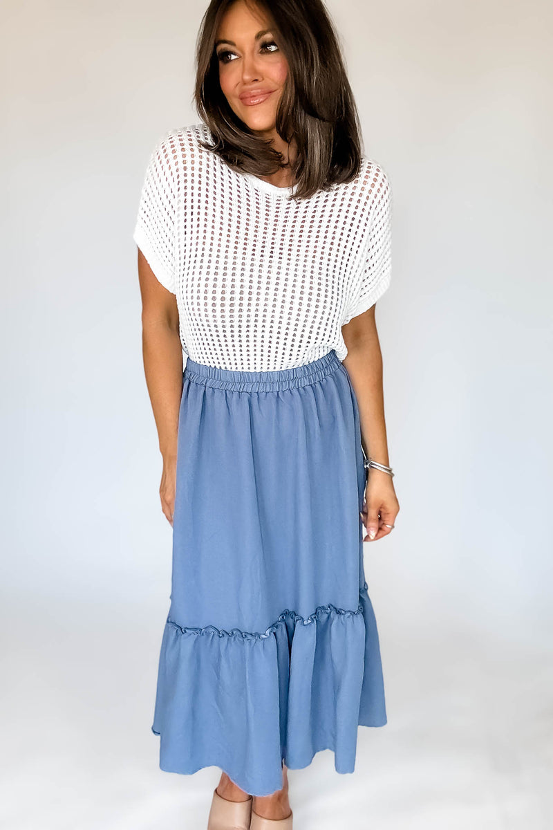 Chambray Ruffle Bottom Midi Skirt