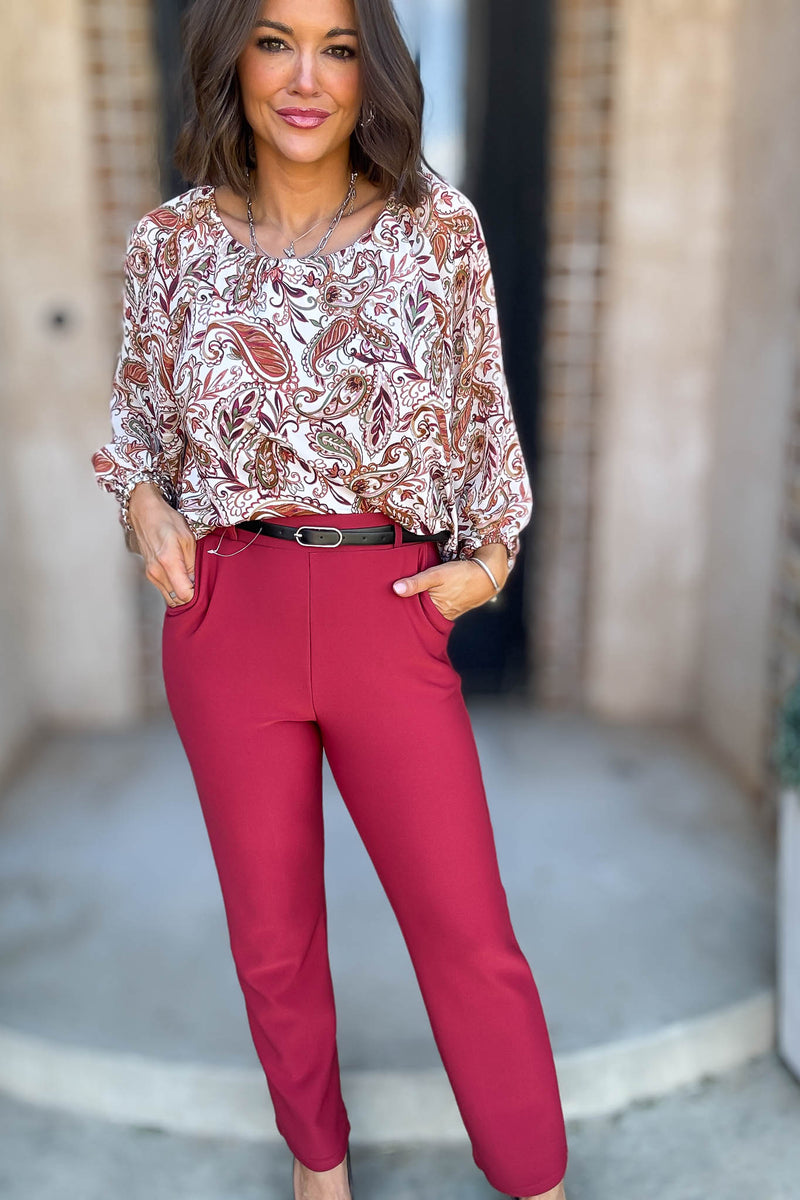 Red Lipstick Stretchy Scuba Belted Side Pocket Straight Pants