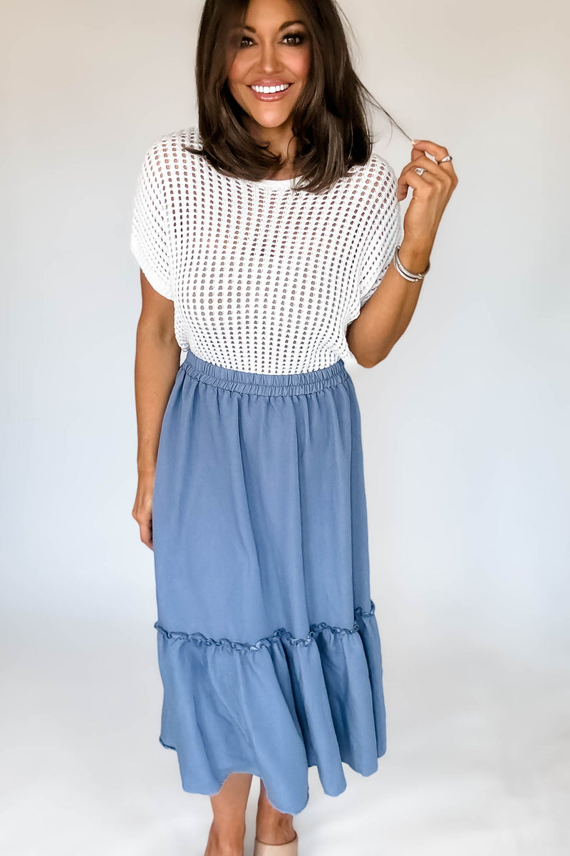 Chambray Ruffle Bottom Midi Skirt