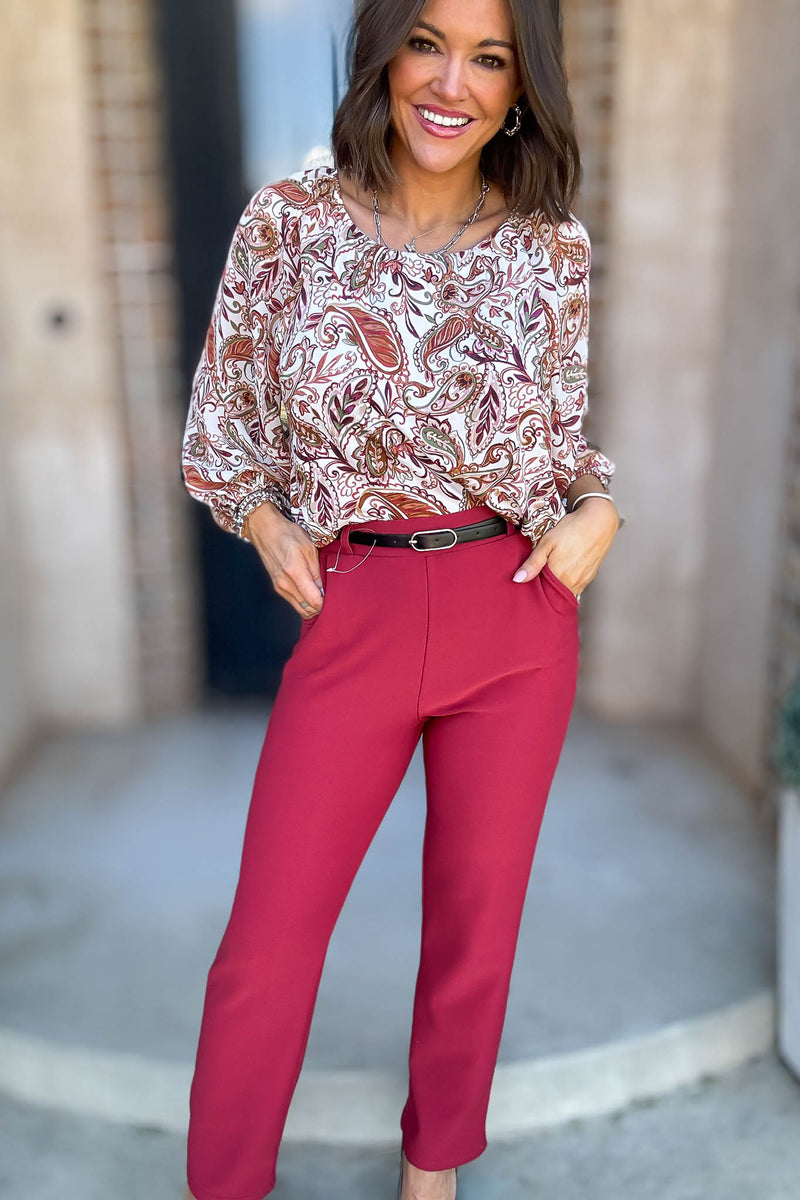 Red Lipstick Stretchy Scuba Belted Side Pocket Straight Pants