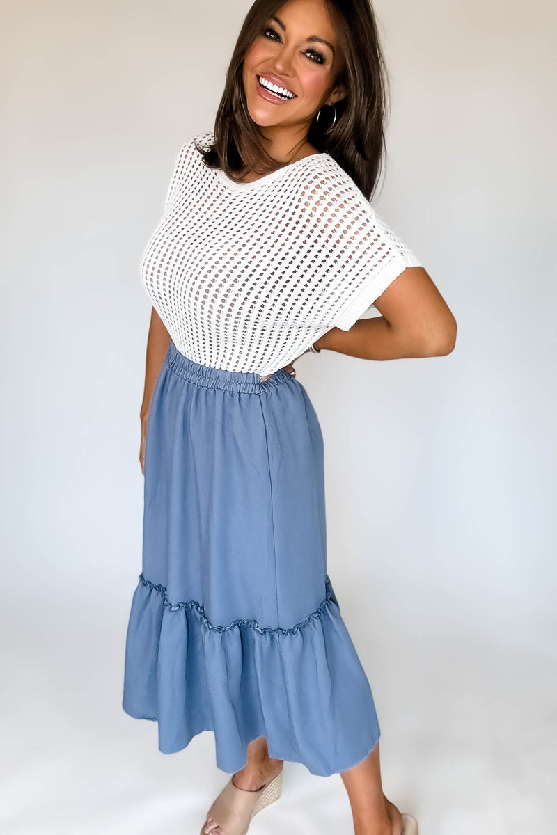 Chambray Ruffle Bottom Midi Skirt