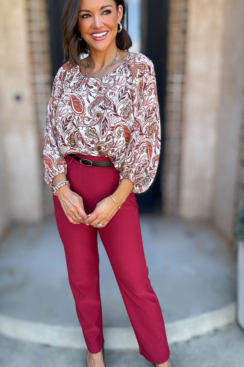 Red Lipstick Stretchy Scuba Belted Side Pocket Straight Pants
