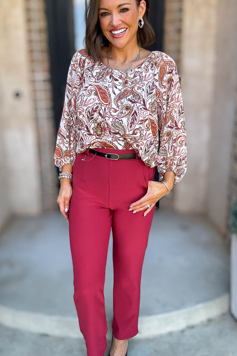 Red Lipstick Stretchy Scuba Belted Side Pocket Straight Pants