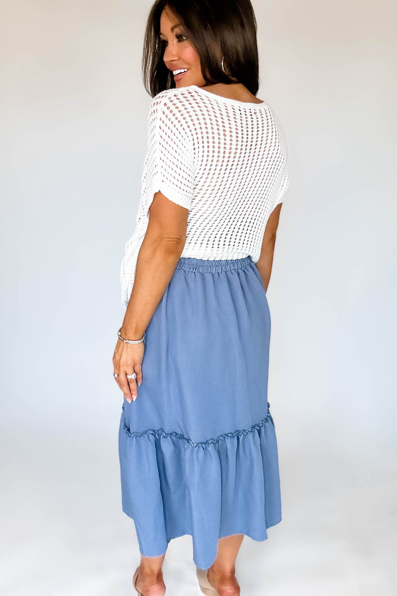 Chambray Ruffle Bottom Midi Skirt