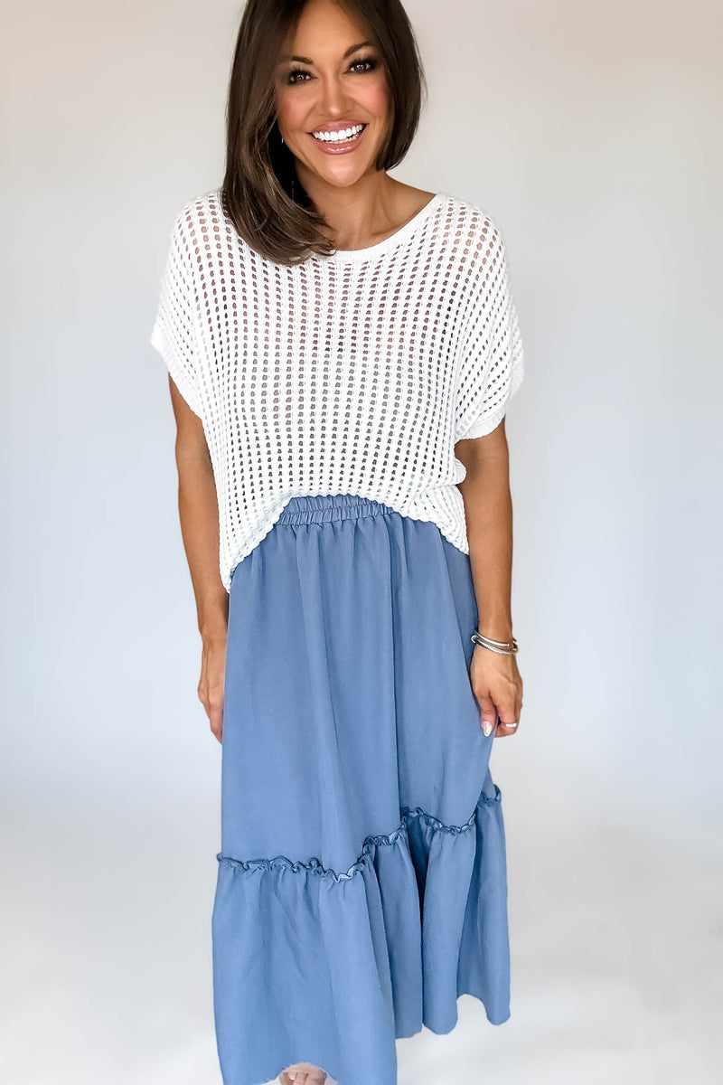 Chambray Ruffle Bottom Midi Skirt