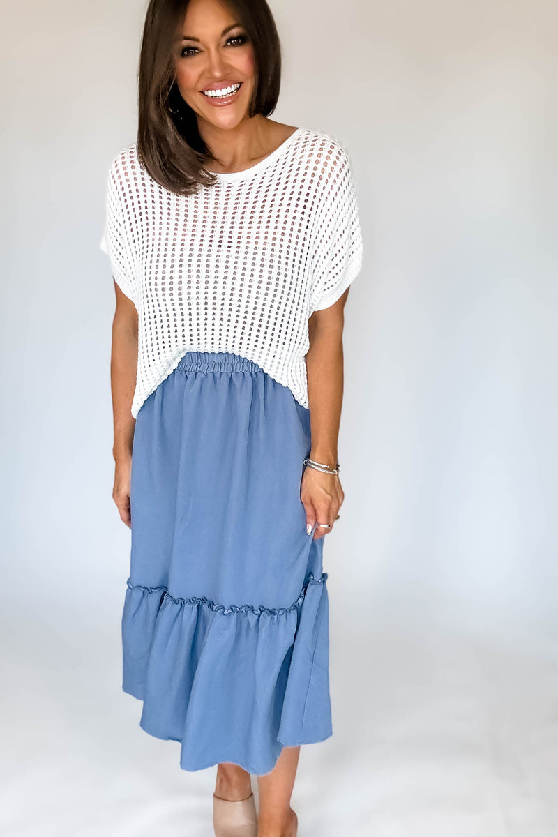 Chambray Ruffle Bottom Midi Skirt