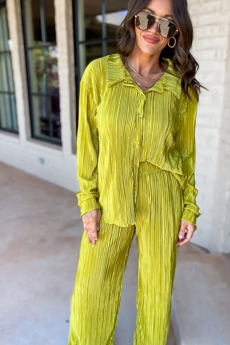 Fancy That Chartreuse Plisse Long Sleeve Top