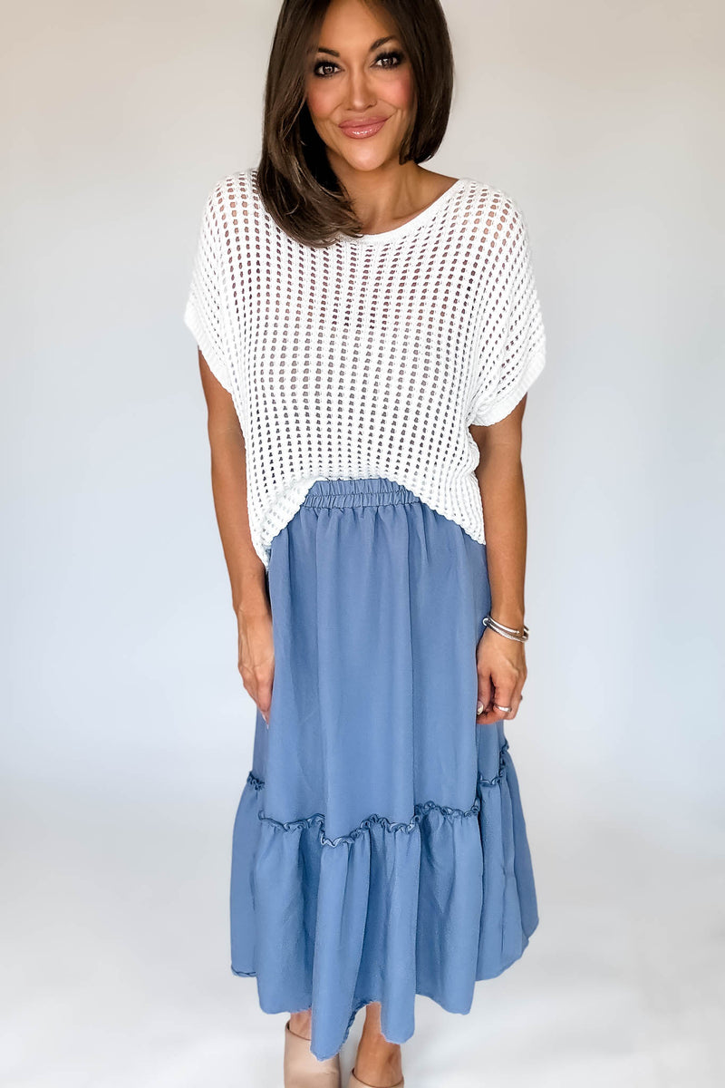 Chambray Ruffle Bottom Midi Skirt