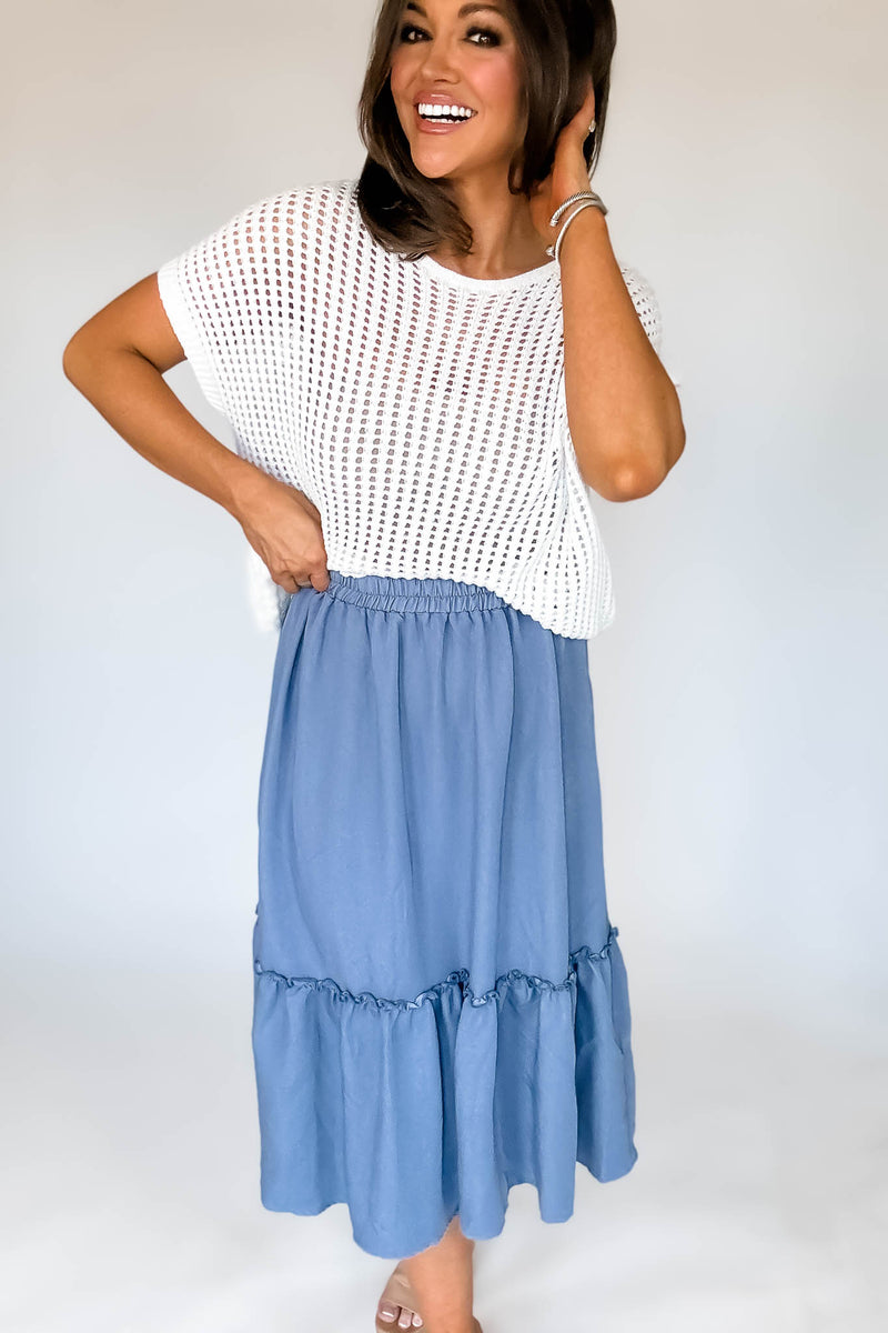 Chambray Ruffle Bottom Midi Skirt