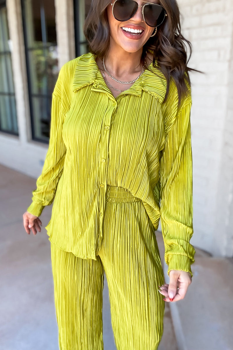 Fancy That Chartreuse Plisse Long Sleeve Top