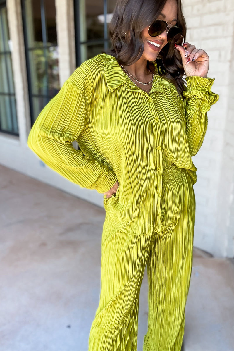 Fancy That Chartreuse Plisse Long Sleeve Top